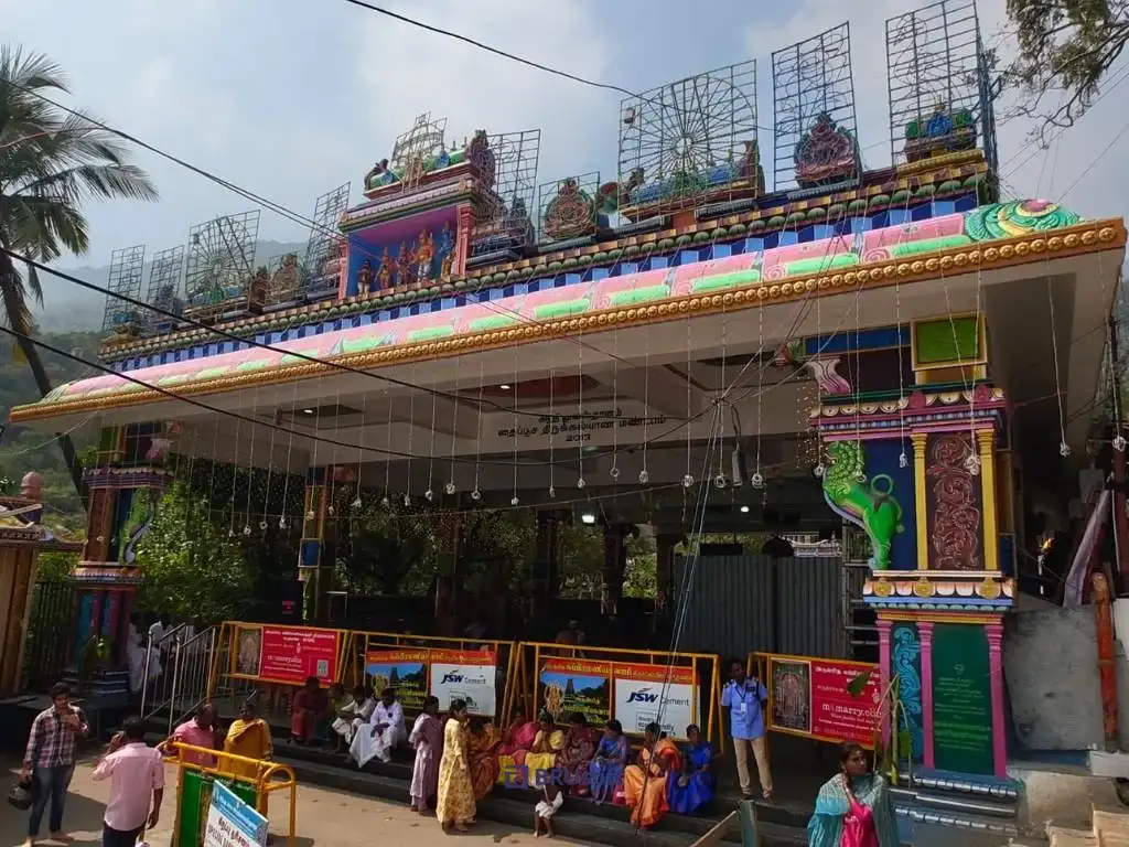 Aadhi Moolasthanam shrine at Marudhamalai Temple in Coimbatore, where Lord Murugan is worshipped with Valli and Deivanai