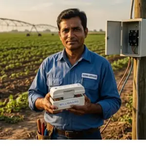 Indian electrician holding fuse unit near electrical panel in agricultural field with irrigation system
