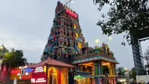 Perur Arulmigu Pateeswaraswamy Temple gopuram illuminated at dusk in Coimbatore, Tamil Nadu, showcasing traditional Dravidian temple architecture