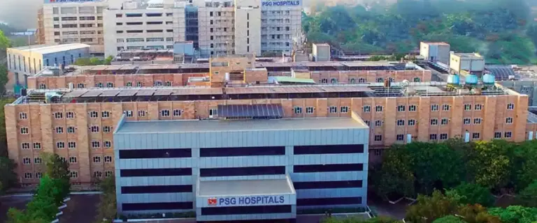 PSG Hospitals Coimbatore top view showing multi specialty hospital campus and modern healthcare buildings in Tamil Nadu