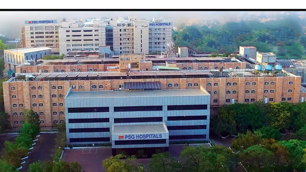PSG Hospitals Coimbatore top view showing multi specialty hospital campus and modern healthcare buildings in Tamil Nadu