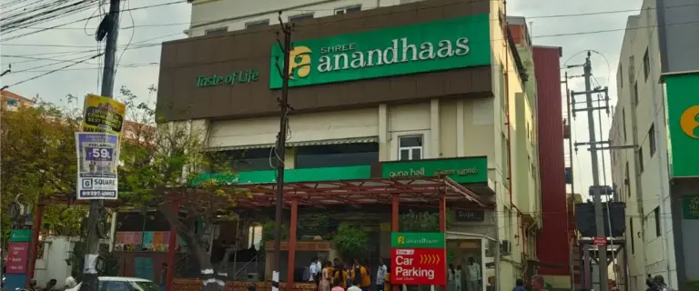 Shree Anandhaas vegetarian restaurant building at Lakshmi Mills Junction Coimbatore serving authentic South Indian food