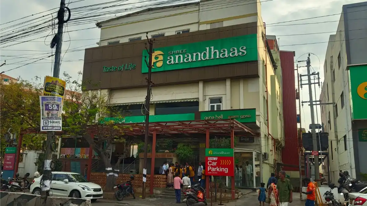 Shree Anandhaas vegetarian restaurant building at Lakshmi Mills Junction Coimbatore serving authentic South Indian food