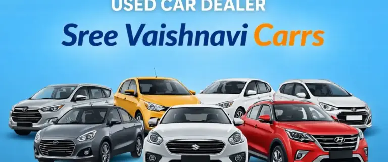 Sree Vaishnavi Carrs used car dealer banner showing multiple Indian cars with sky blue background in Coimbatore
