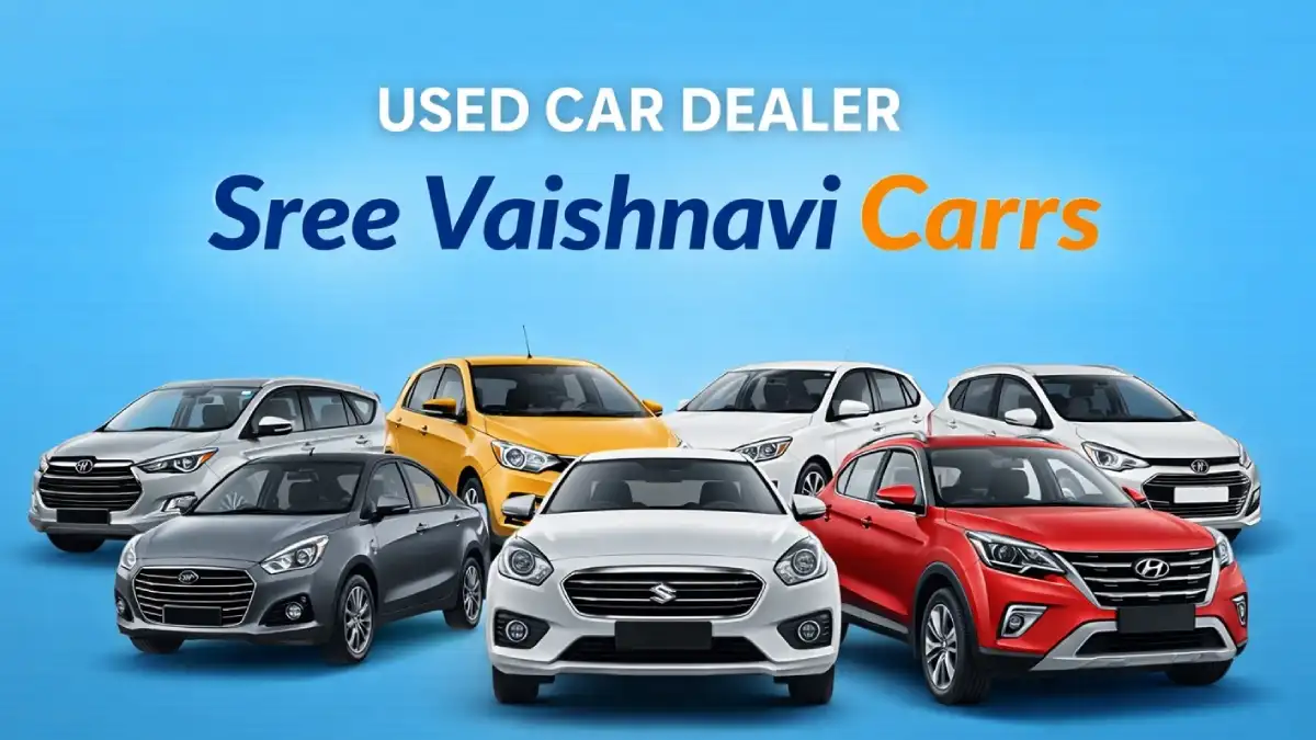 Sree Vaishnavi Carrs used car dealer banner showing multiple Indian cars with sky blue background in Coimbatore