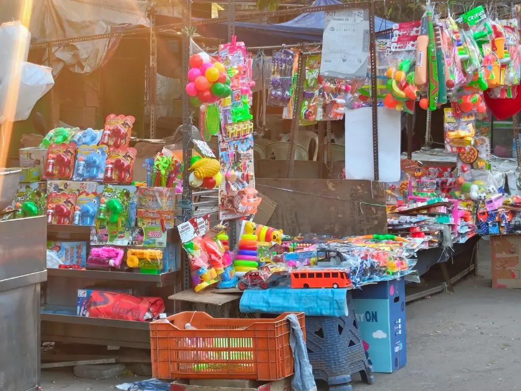 Colorful road side toy shops outside VOC Park Coimbatore for children