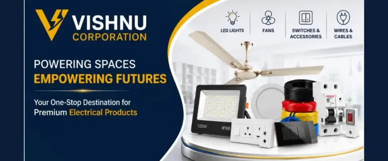 Vishnu Corporation Coimbatore premium electrical products banner featuring LED lights, fans, switches, wires, cables, and electrical accessories.