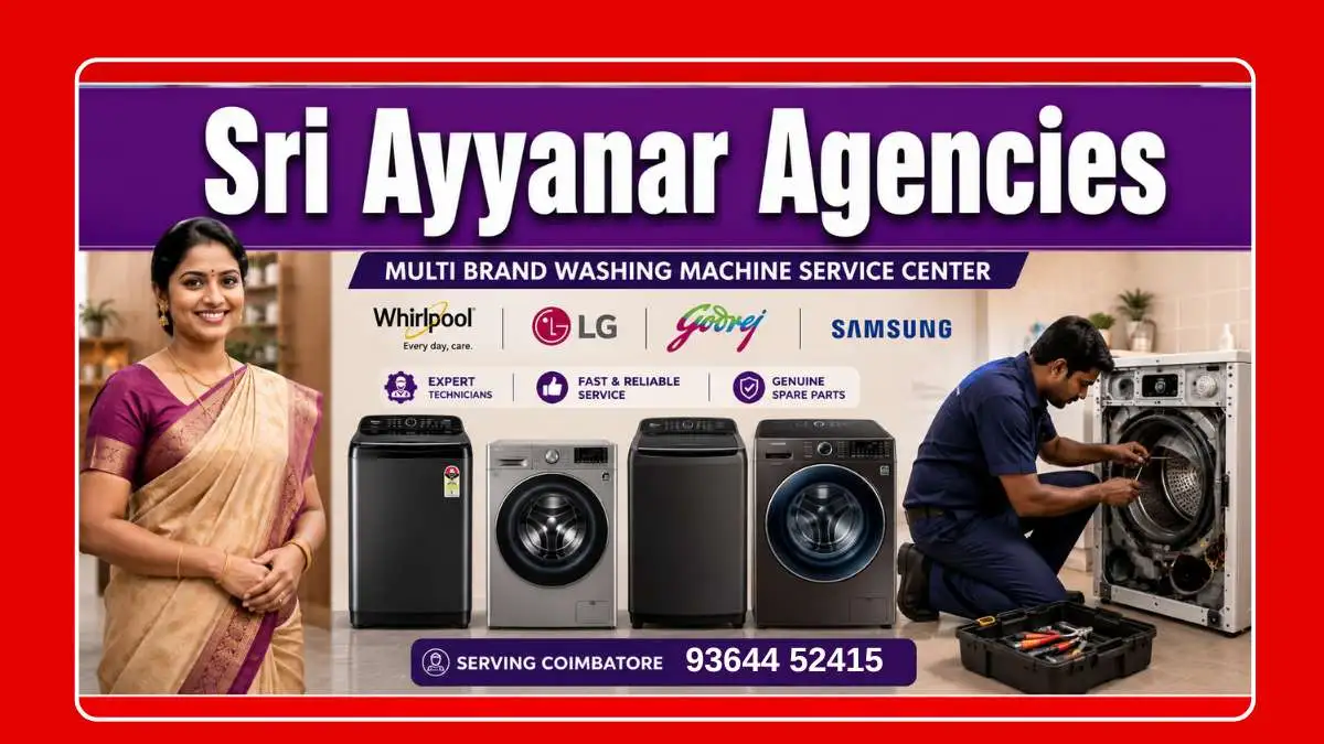 Multi-brand washing machine service center in Coimbatore with an Indian technician repairing a washing machine and major brands including LG, Samsung, Whirlpool, and Godrej