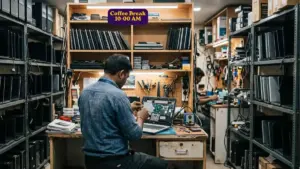 An Indian technician repairing an open laptop on a workbench inside a well-stocked computer service center in Coimbatore, surrounded by rows of laptops and PCs on shelves