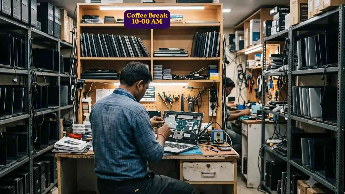 An Indian technician repairing an open laptop on a workbench inside a well-stocked computer service center in Coimbatore, surrounded by rows of laptops and PCs on shelves
