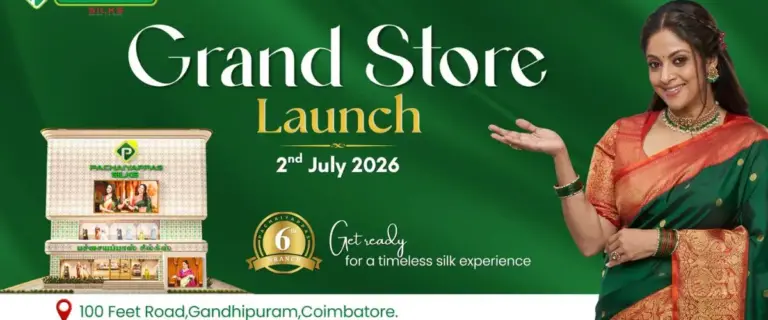 Pachaiyappas Silks Grand Store Launch event banner announcing the opening of the new showroom at 100 Feet Road, Gandhipuram, Coimbatore on 2 July 2026