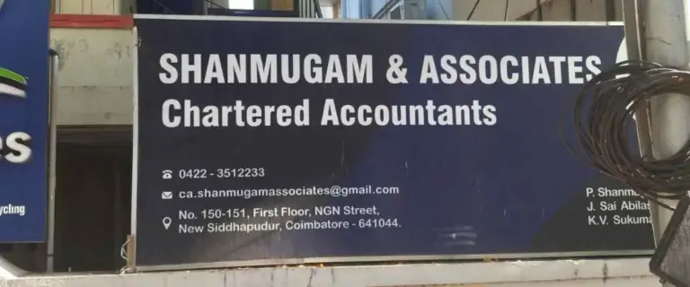 Shanmugam & Associates Chartered Accountants office signboard in Coimbatore