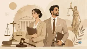 Modern male and female lawyers with legal symbols including scales of justice, gavel, law books, and courthouse