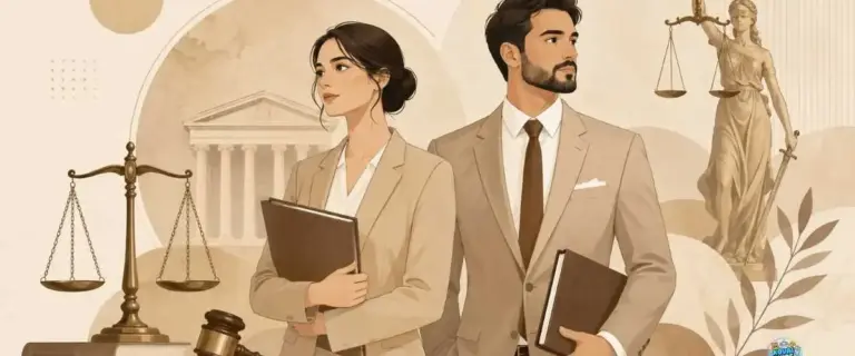 Modern male and female lawyers with legal symbols including scales of justice, gavel, law books, and courthouse