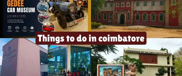 Collage of things to do in Coimbatore — Gedee Car Museum vintage cars, Regional Science Centre building, and Kasthuri Sreenivasan Art Gallery & Textile Museum, for a family half-day museum tour