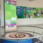 Foucault Pendulum exhibit at Regional Science Centre, Coimbatore, demonstrating Earth's rotation near the main foyer
