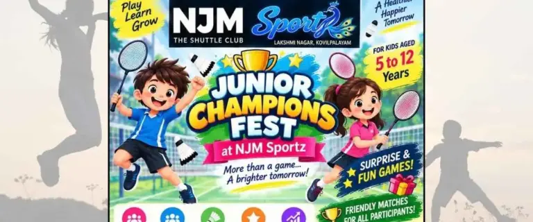 Junior Champions Fest at NJM Sportz Kovilpalayam for kids aged 5 to 12 years featuring badminton games and friendly matches
