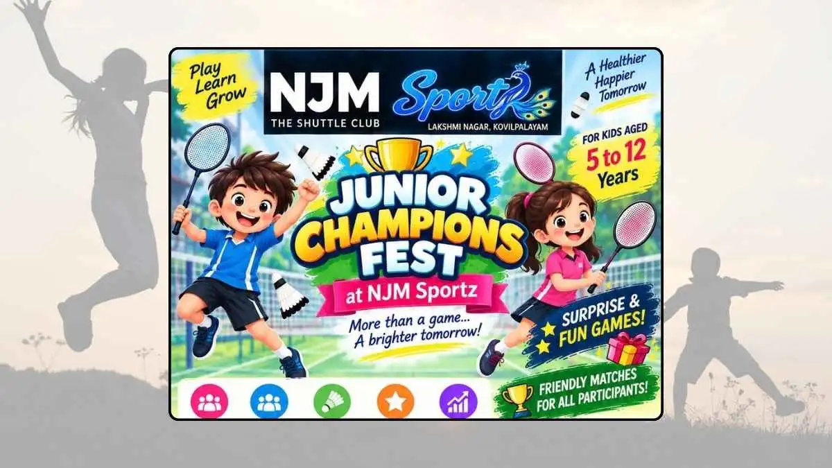 Junior Champions Fest at NJM Sportz Kovilpalayam for kids aged 5 to 12 years featuring badminton games and friendly matches