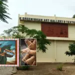 Kasthuri Sreenivasan Art Gallery & Textile Museum building on Avinashi Road, Coimbatore, with gallery painting and craft textile inset