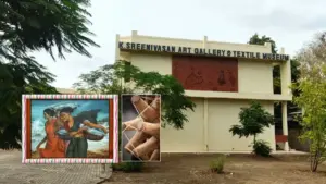 Kasthuri Sreenivasan Art Gallery & Textile Museum building on Avinashi Road, Coimbatore, with gallery painting and craft textile inset