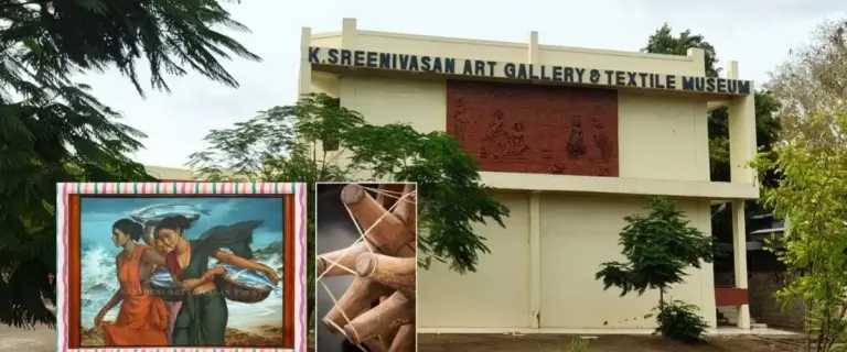 Kasthuri Sreenivasan Art Gallery & Textile Museum building on Avinashi Road, Coimbatore, with gallery painting and craft textile inset