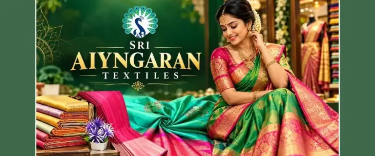 Sri Aiyngaran Textiles silk saree showroom featuring an Indian woman in a traditional green and pink wedding saree