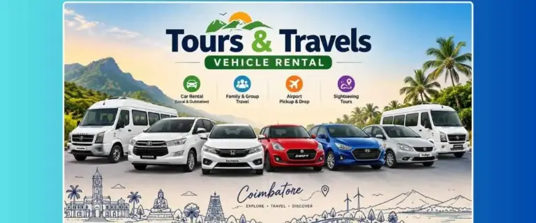 Tours and travels vehicle rental services in Coimbatore featuring cars and tempo travellers