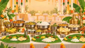 Vegetarian catering buffet spread with banana leaf, South Indian dishes and brass vessels in Coimbatore