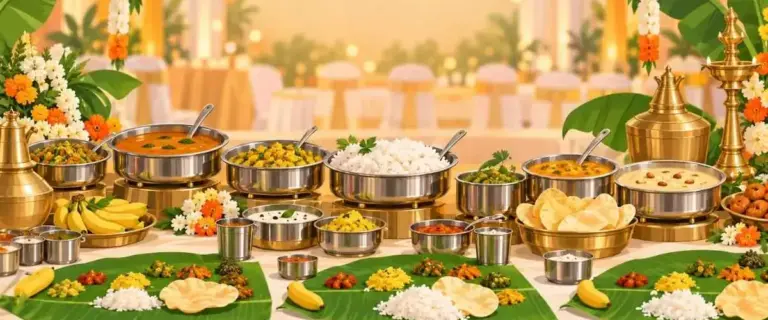 Vegetarian catering buffet spread with banana leaf, South Indian dishes and brass vessels in Coimbatore
