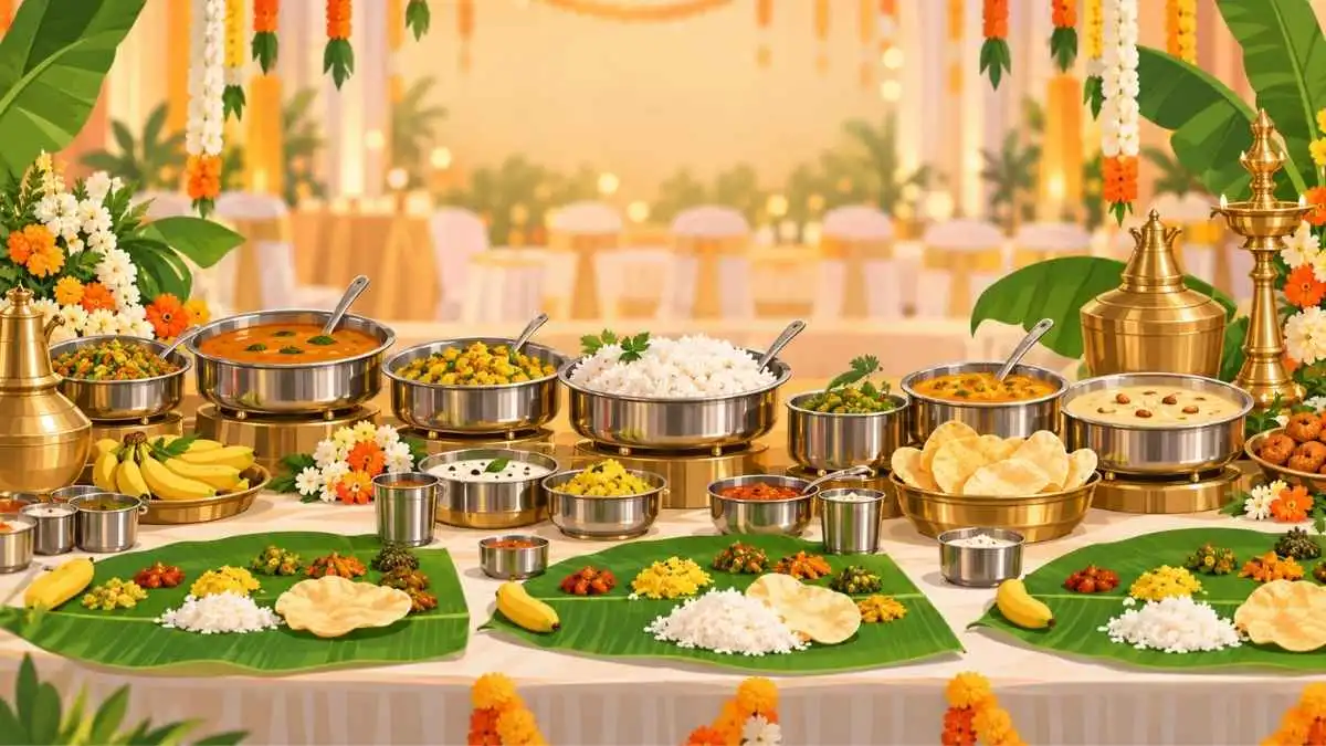 Vegetarian catering buffet spread with banana leaf, South Indian dishes and brass vessels in Coimbatore
