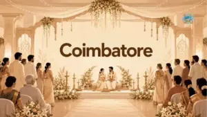 Wedding Hall Coimbatore with Indian wedding couple, guests and elegant beige wedding hall