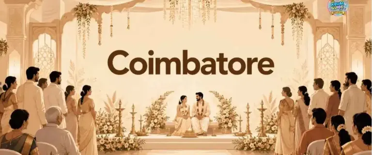 Wedding Hall Coimbatore with Indian wedding couple, guests and elegant beige wedding hall