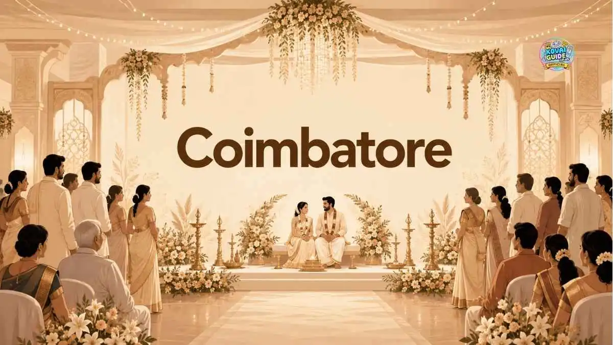 Wedding Hall Coimbatore with Indian wedding couple, guests and elegant beige wedding hall