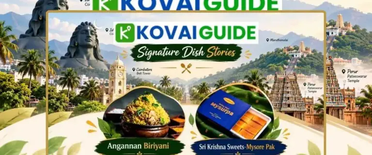KovaiGuide Coimbatore signature dish stories: Angannan Biriyani and Sri Krishna Sweets Mysurpa with Coimbatore landmarks