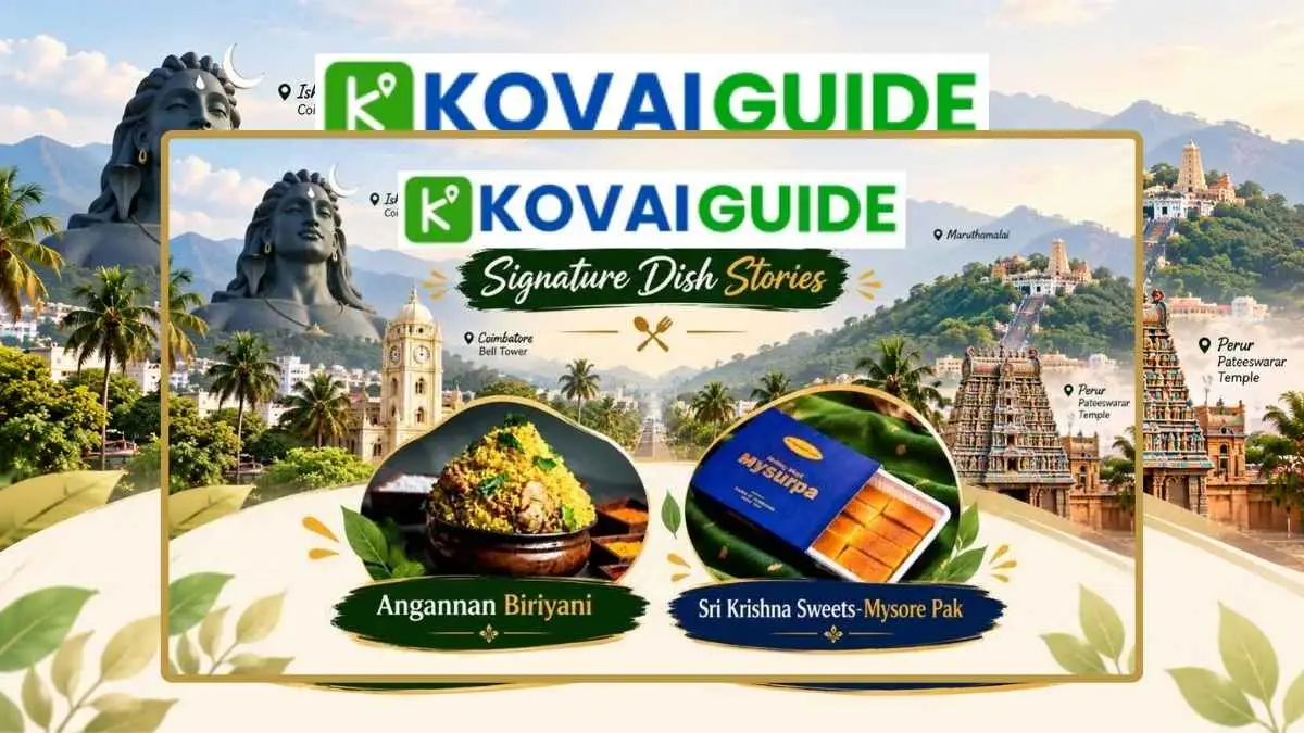KovaiGuide Coimbatore signature dish stories: Angannan Biriyani and Sri Krishna Sweets Mysurpa with Coimbatore landmarks