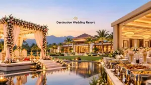 Destination wedding resort in Coimbatore featuring an Indian wedding mandap, luxury banquet hall, and buffet dining setup