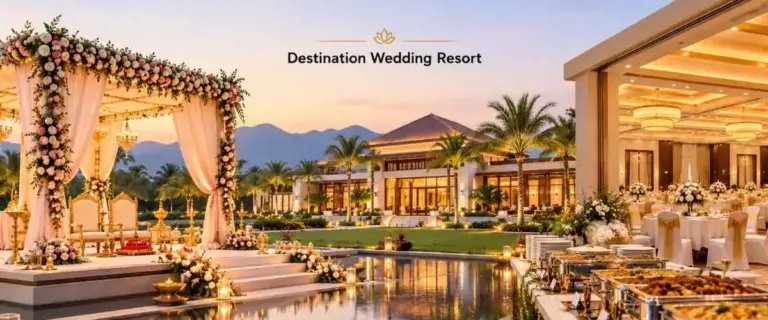Destination wedding resort in Coimbatore featuring an Indian wedding mandap, luxury banquet hall, and buffet dining setup