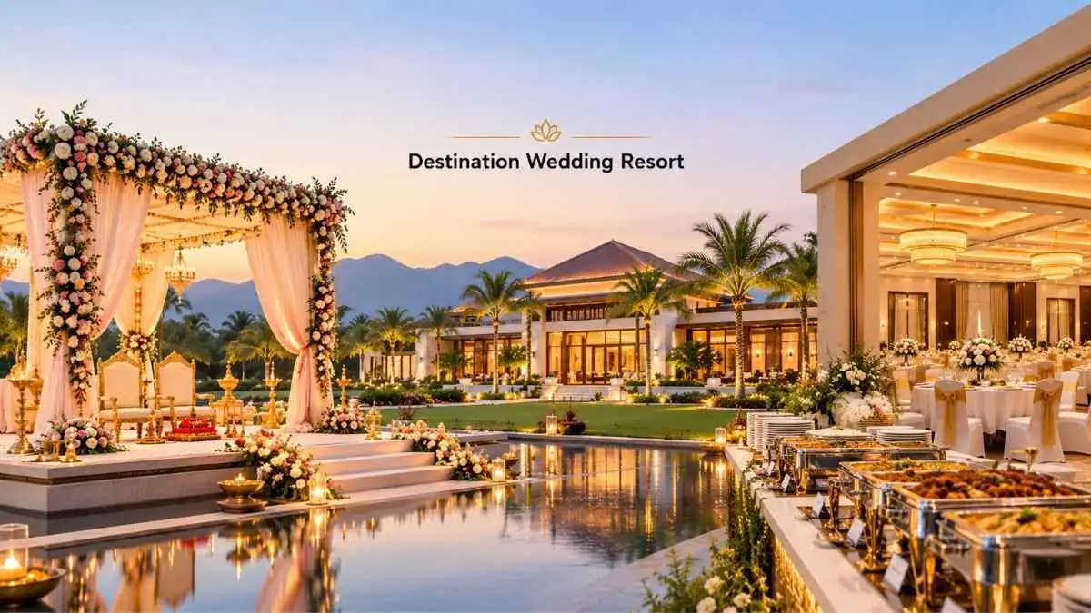 Destination wedding resort in Coimbatore featuring an Indian wedding mandap, luxury banquet hall, and buffet dining setup