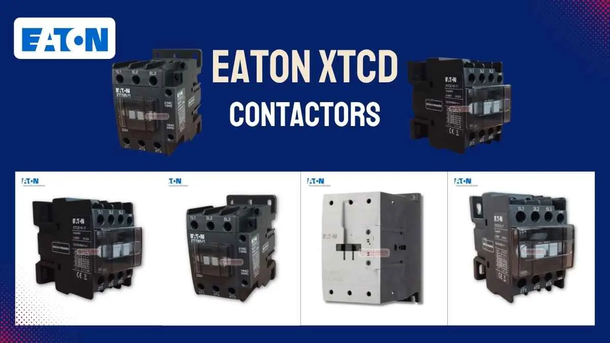 Eaton XTCD contactors banner showing six Eaton 3-pole contactors for motor control from Shansen Traders, Coimbatore