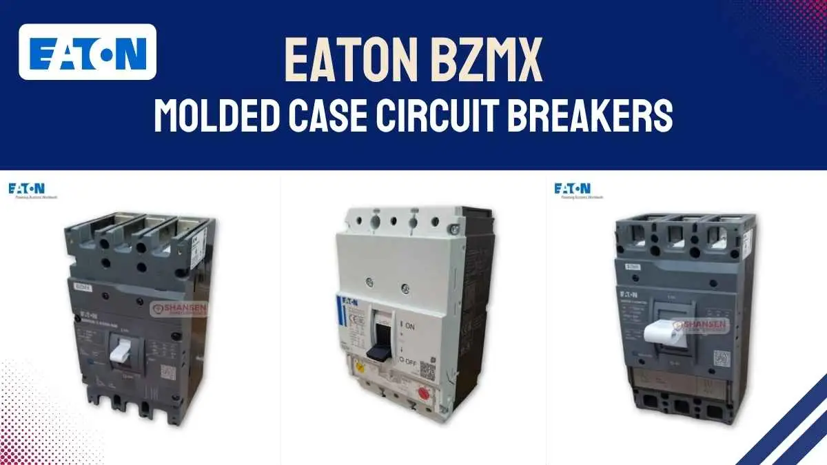 Eaton BZMX molded case circuit breakers banner showing three Eaton MCCB models from Shansen Traders, Coimbatore