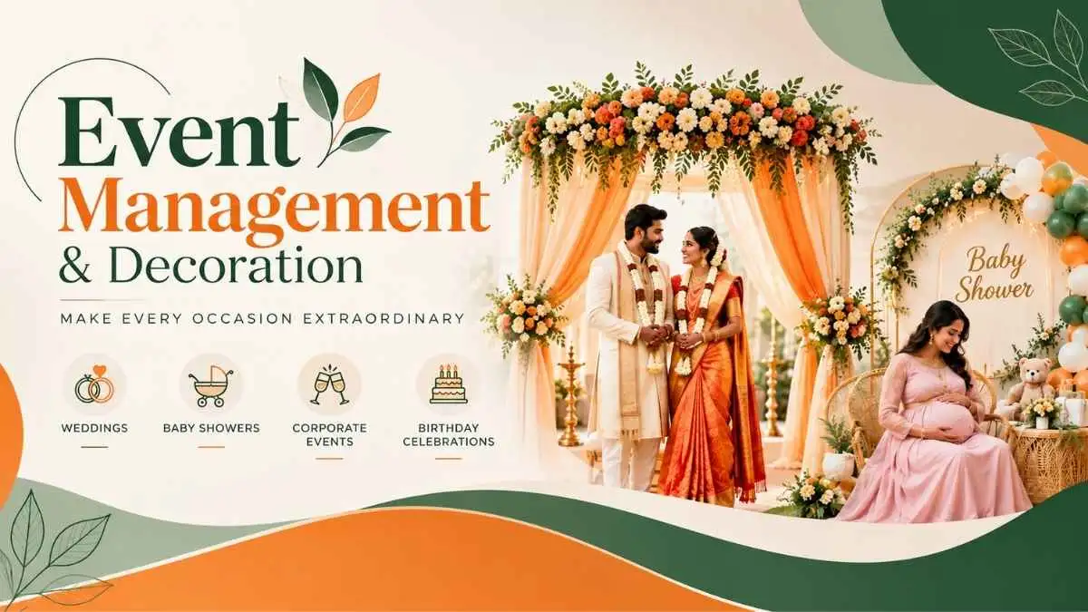 Event management and decoration services for weddings, baby showers and celebrations in Coimbatore