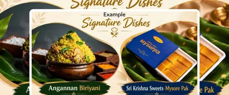 Signature dish examples: Angannan Biriyani and Sri Krishna Sweets Mysurpa Mysore pak, Coimbatore