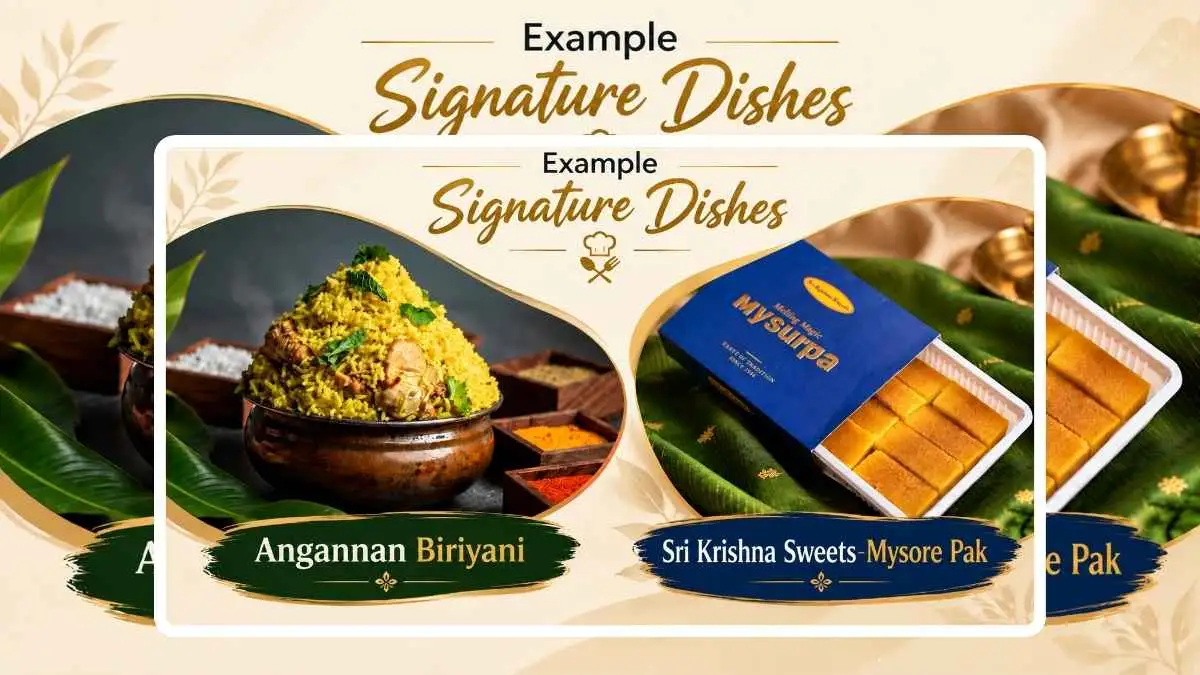 Signature dish examples: Angannan Biriyani and Sri Krishna Sweets Mysurpa Mysore pak, Coimbatore
