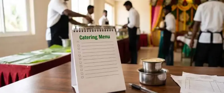 A desk-top notepad titled “Catering Menu” with a tick-box checklist, a pen and steel tumblers on a wooden table, with caterer’s staff in white shirts and black aprons setting up a banana-leaf serving area in a Coimbatore banquet hall மரமேசையில் “Catering Menu” என்ற சரிபார்ப்புப் பட்டியல் நோட்பேட், பேனா மற்றும் எவர்சில்வர் டம்ளர்கள்; பின்னணியில் வெள்ளை சட்டை அணிந்த கேட்டரிங் ஊழியர்கள் வாழையிலை பரிமாறும் இடத்தை அமைக்கின்றனர்