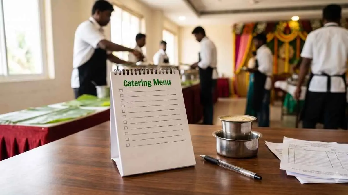 A desk-top notepad titled “Catering Menu” with a tick-box checklist, a pen and steel tumblers on a wooden table, with caterer’s staff in white shirts and black aprons setting up a banana-leaf serving area in a Coimbatore banquet hall மரமேசையில் “Catering Menu” என்ற சரிபார்ப்புப் பட்டியல் நோட்பேட், பேனா மற்றும் எவர்சில்வர் டம்ளர்கள்; பின்னணியில் வெள்ளை சட்டை அணிந்த கேட்டரிங் ஊழியர்கள் வாழையிலை பரிமாறும் இடத்தை அமைக்கின்றனர்