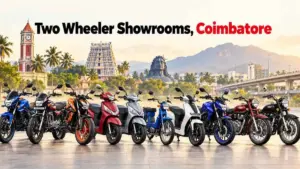 Two-wheeler showrooms in Coimbatore featuring motorcycles, scooters, and electric scooters against a scenic city backdrop