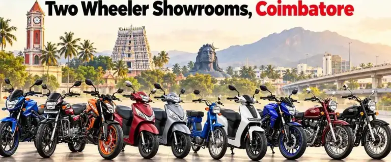 Two-wheeler showrooms in Coimbatore featuring motorcycles, scooters, and electric scooters against a scenic city backdrop