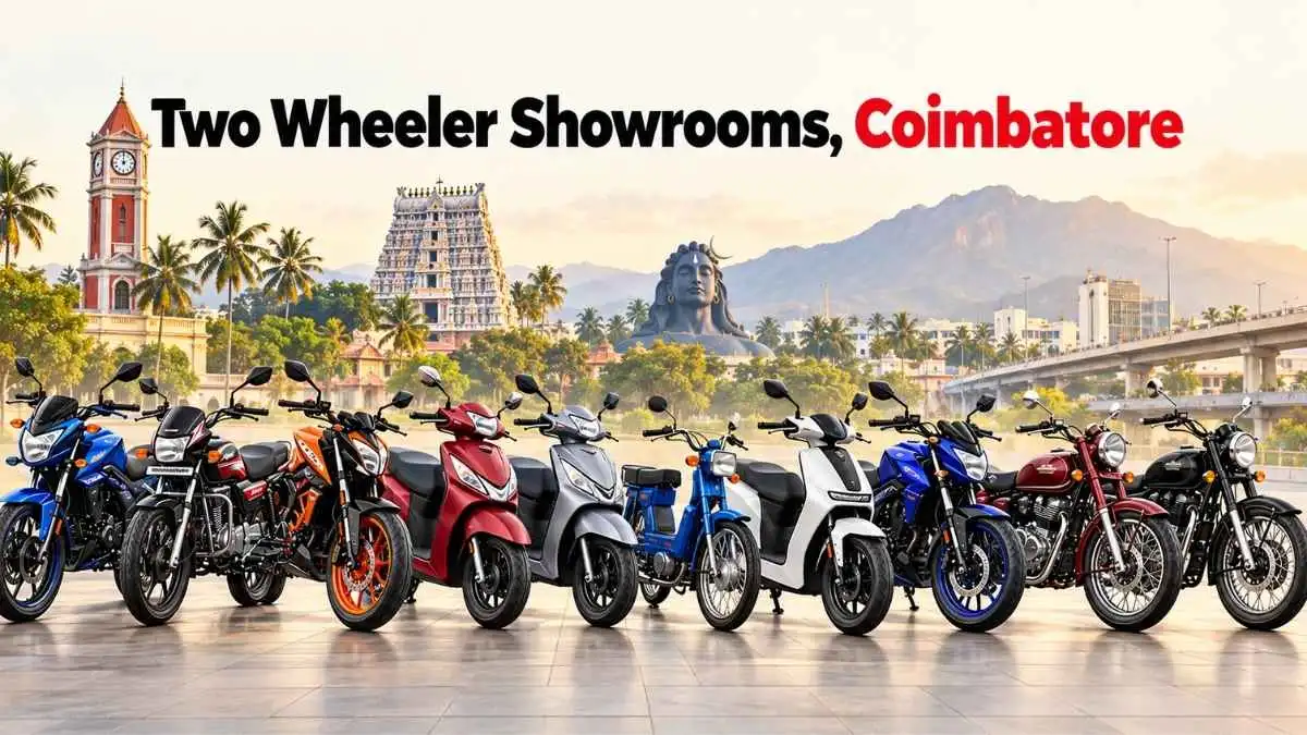 Two-wheeler showrooms in Coimbatore featuring motorcycles, scooters, and electric scooters against a scenic city backdrop