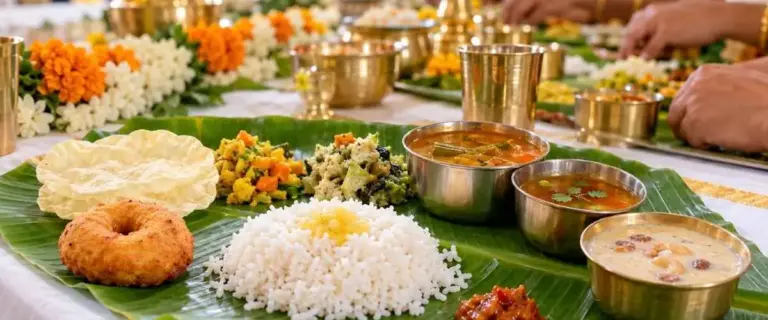 Traditional South Indian vegetarian wedding meal served on a green banana leaf, with white rice and ghee, sambar, rasam, vegetable poriyal, vadai, papad, pickle and payasam in brass and steel bowls, with marigold and jasmine decorations in the background. வாழையிலையில் பரிமாறப்பட்ட பாரம்பரிய தென்னிந்திய சைவ திருமண விருந்து: நெய் சாதம், சாம்பார், ரசம், பொரியல், வடை, பப்படம், ஊறுகாய், பாயசம் ஆகியவை பித்தளை மற்றும் எவர்சில்வர் கிண்ணங்களில்; பின்னணியில் சாமந்தி மற்றும் மல்லிகை அலங்காரம்.