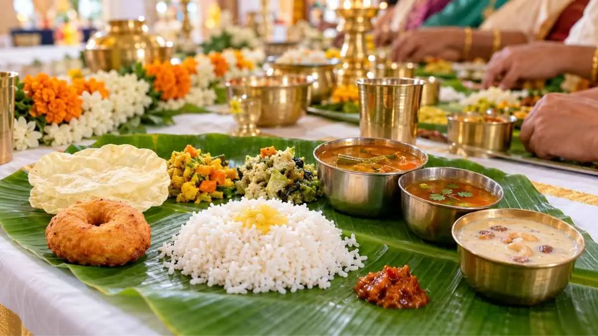 Traditional South Indian vegetarian wedding meal served on a green banana leaf, with white rice and ghee, sambar, rasam, vegetable poriyal, vadai, papad, pickle and payasam in brass and steel bowls, with marigold and jasmine decorations in the background. வாழையிலையில் பரிமாறப்பட்ட பாரம்பரிய தென்னிந்திய சைவ திருமண விருந்து: நெய் சாதம், சாம்பார், ரசம், பொரியல், வடை, பப்படம், ஊறுகாய், பாயசம் ஆகியவை பித்தளை மற்றும் எவர்சில்வர் கிண்ணங்களில்; பின்னணியில் சாமந்தி மற்றும் மல்லிகை அலங்காரம்.